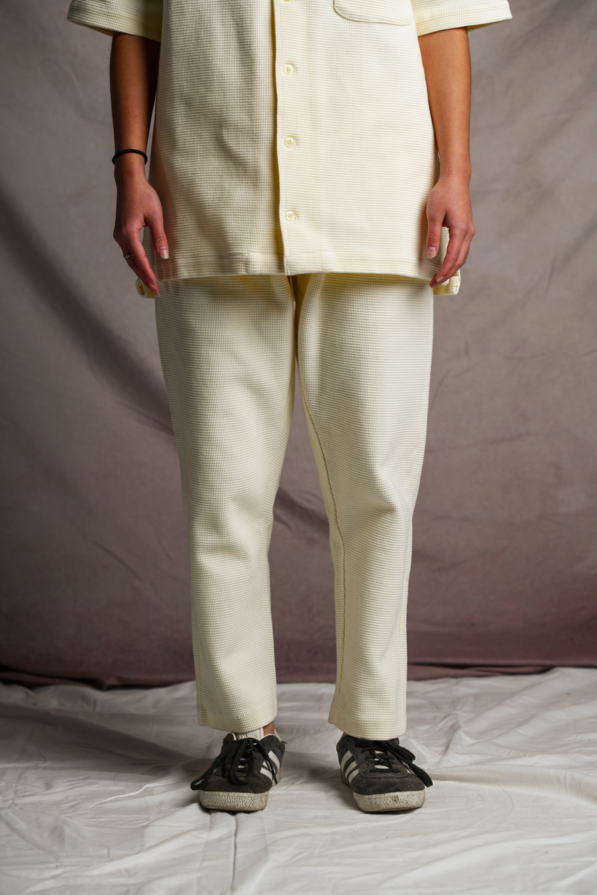 Close up of Waffle Trousers in Off-White by OFTT.